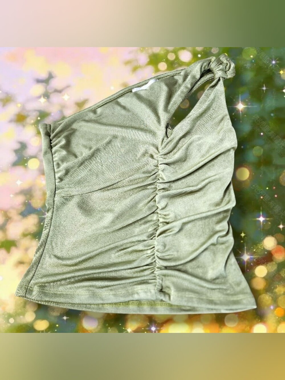 Anthropologie Olive Green One-Shoulder Ruched Knot Crop Top